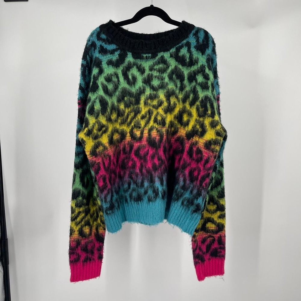 Y2K Women's Rainbow Leopard Knit Sweater M Maximalist Funky Eclectic Cozy Neon